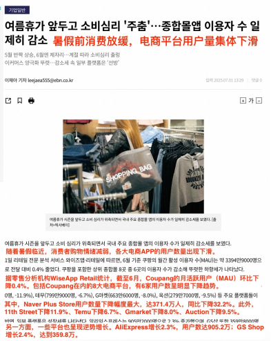 韩国电商6月用户数集体下滑，阿里速卖通逆势增长